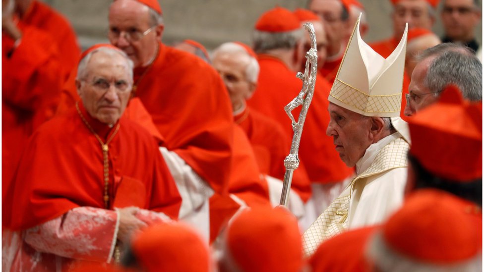 Pope Francis walks past ranks of red-clad cardinals during a ceremony at the Vatican (October 5, 2019)