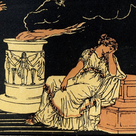 Ancient style illustration of Helen of Troy. Black, orange and yellow.