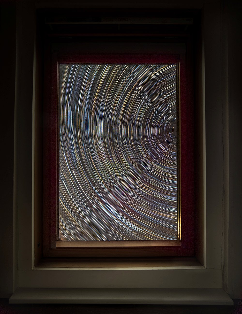 Star trail taken from inside a house in Shropshire