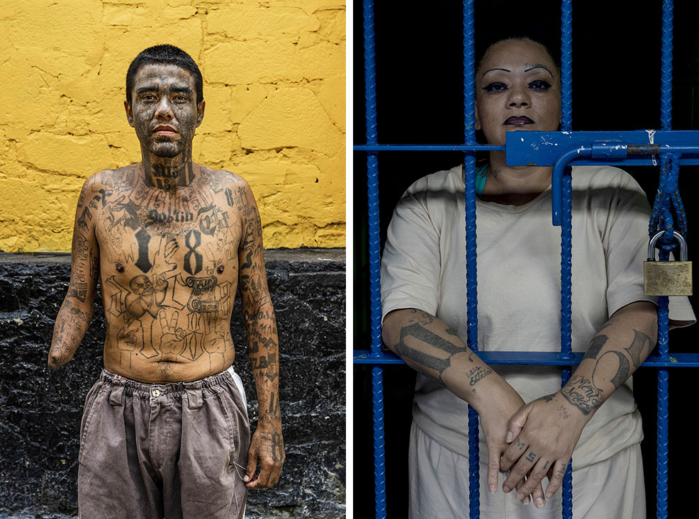 Carlos, last name not given, (38) stands for a photograph at the Penal San Francisco G&oacute;tera, El Salvador. November 8, 2018. Right - Portrait of a gang member at the Ilopango Women's Prison, El Salvador. November 6, 2018.