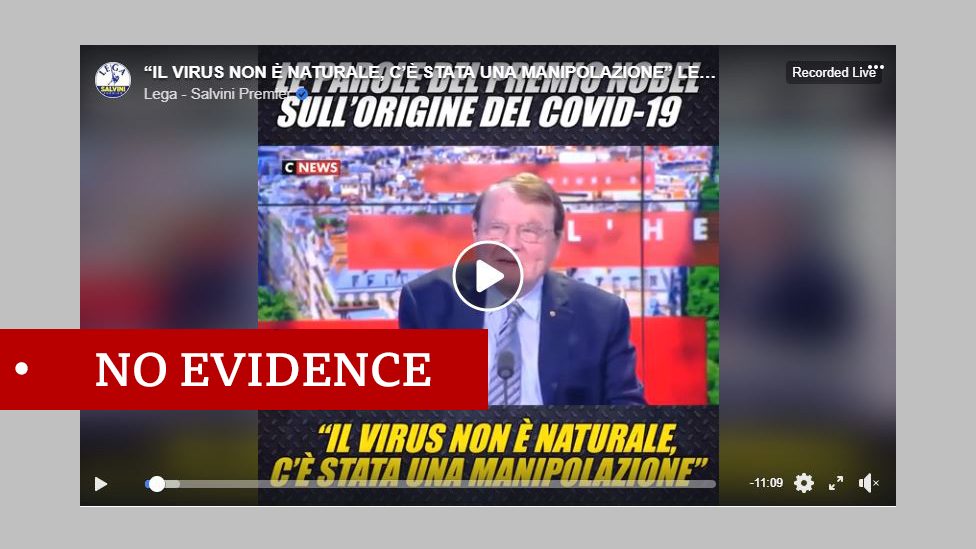Luc Montagnier interview screenshot. Labelled "no evidence"
