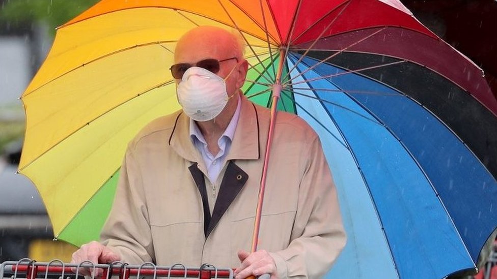 Man with mask and rainbow umbrella