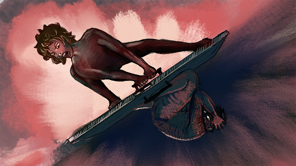 Seksualno zlostavljanje muškaraca: „Moja žena me je silovala deset godina“ 1 An illustration of a woman trying to open a door behind which a man is hiding