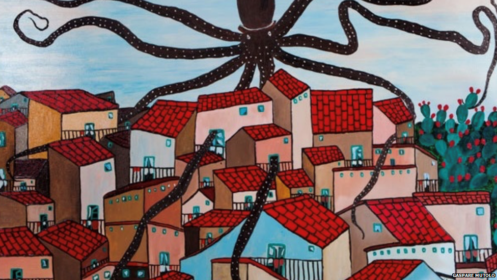 A painting by Gaspare Mutolo about the mafia: a black octopus with long tentacles hovering over neighbourhoods in Palermo.