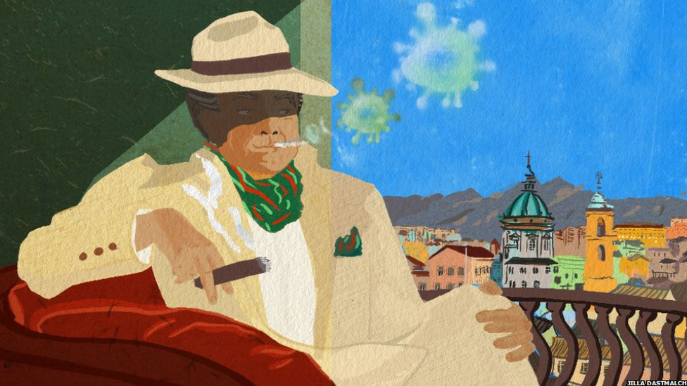 A mafia member smoking a cigar. The smoke coming out of it is green, and resembles a virus. He is overlooking the Sicilian city of Palermo.