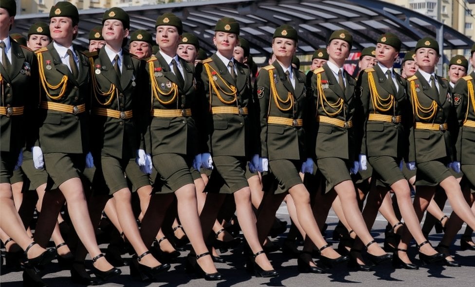 Belarusian soldiers take part in the Victory Day parade, which marks the anniversary of the victory over Nazi Germany in World War Two