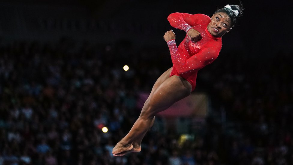 US athlete Simone Biles performing a vault at the 49th FIG Artistic Gymnastics World Championships in Germany
