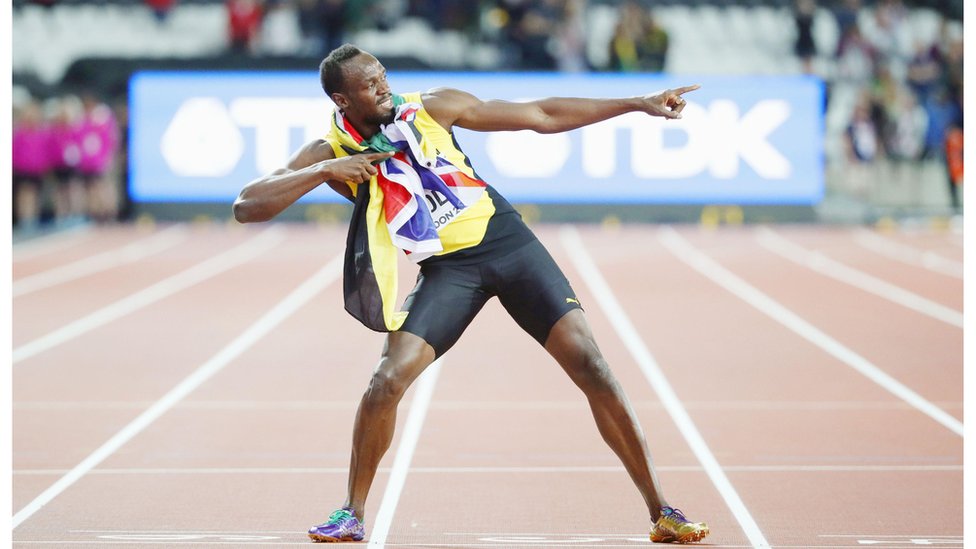 Usain Bolt of Jamaica poses after finishing third in the men's 100-meter final at the World Athletics Championships in London on Aug. 5, 2017