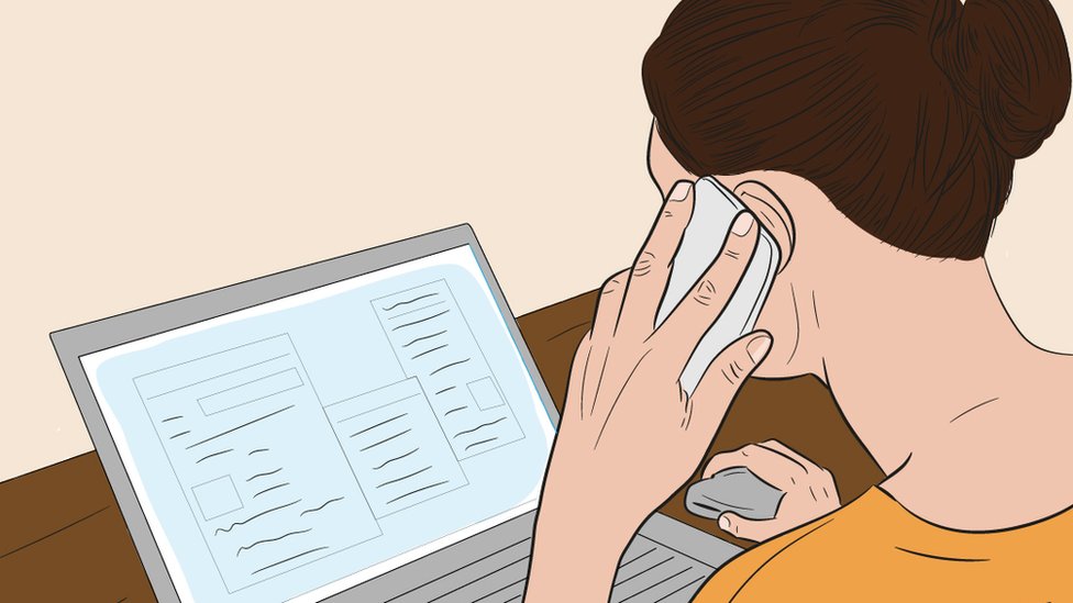 Illustration of a woman on the phone while looking at a laptop