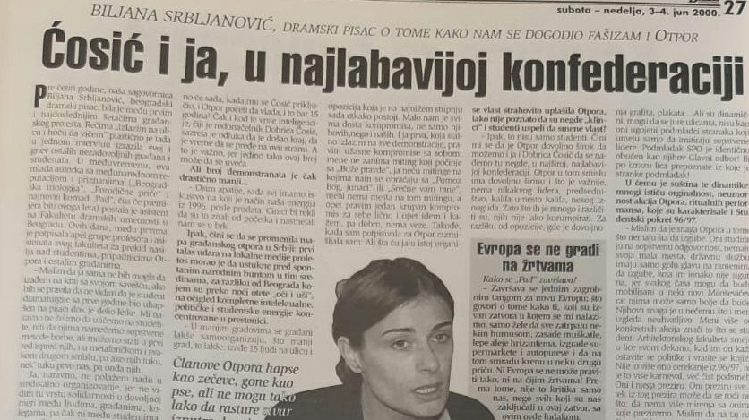Zašto se pre 20 godina Biljana Srbljanović pridružila Otporu? 1