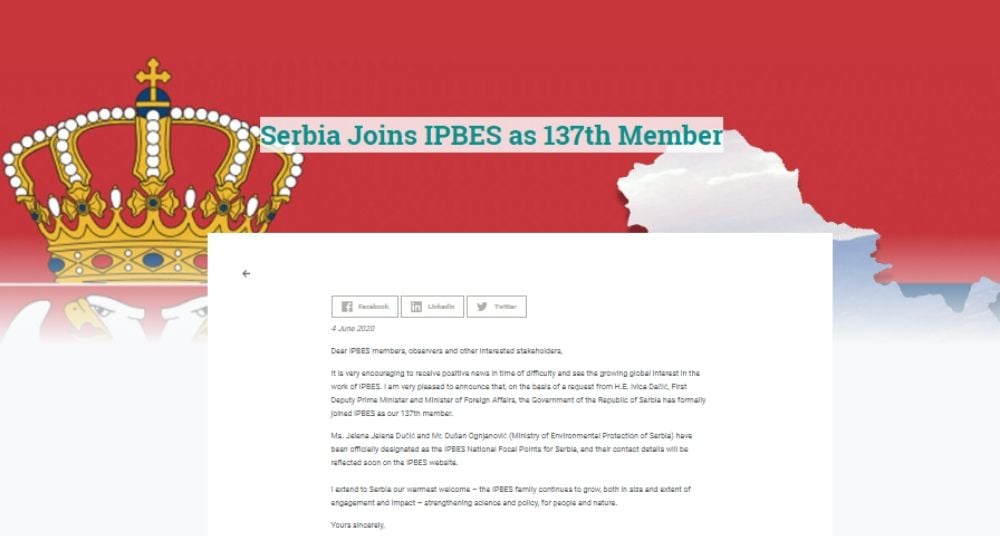 Srbije je 137. članica IPBES - platforme o biodiverzitetu i uslugama ekosistema 1