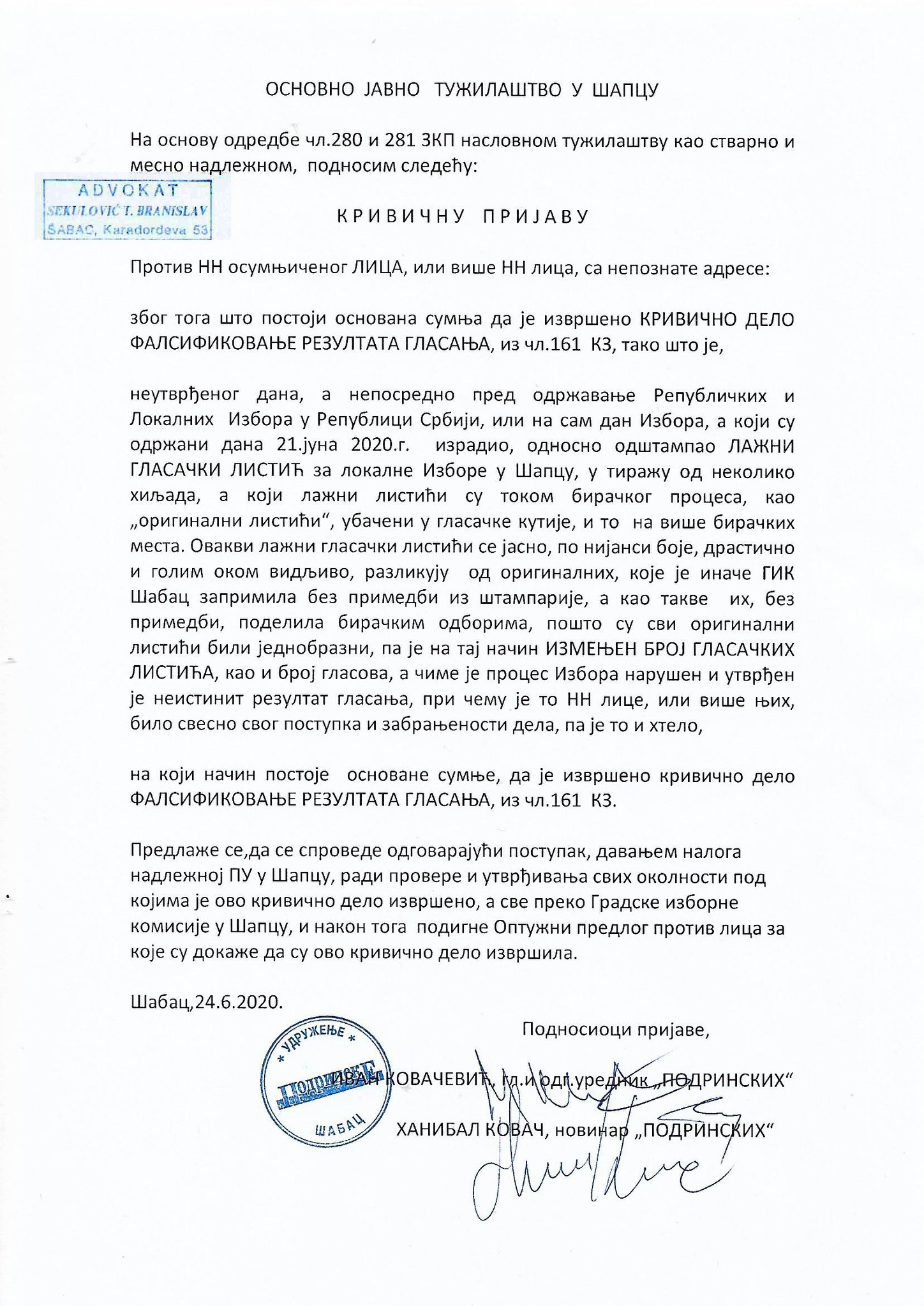 Dve krivične prijave: Falsifikati listića i neobjavljivanje rezultata izbora u Šapcu 2