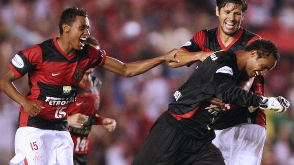 Bruno celebrates scoring with 2008 team-mates including ex-Manchester United midfielder Kleberson