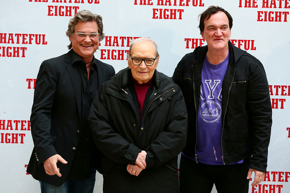 Kurt Russell, Ennio Morricone and Quentin Tarantino pose for a picture together