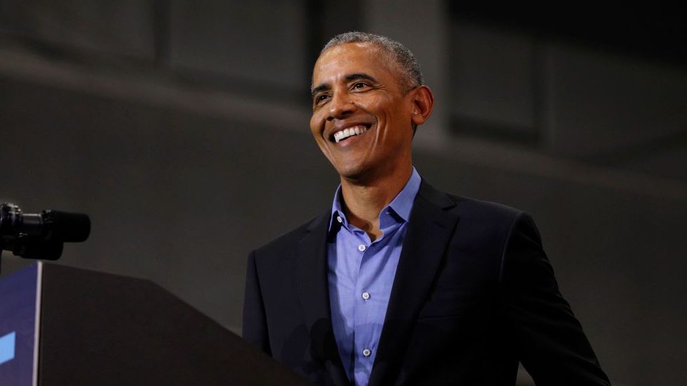 Close up of Barak Obama, speaking at a public event