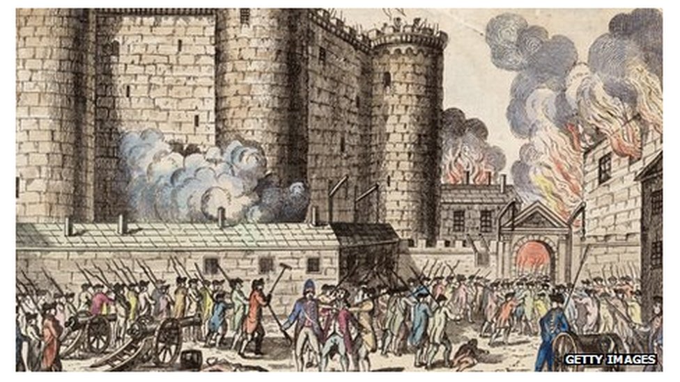 Illustration of citizens of Paris, headed by the National Guards, storming the Bastille prison on 14 July 1789