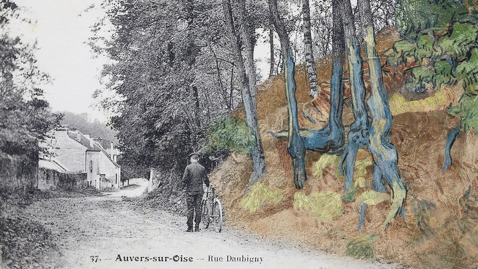 Post card 'rue Daubigny, Auvers-sur-Oise' covered with the painting 'Tree Roots' (1890) by Van Gogh, ©arthénon