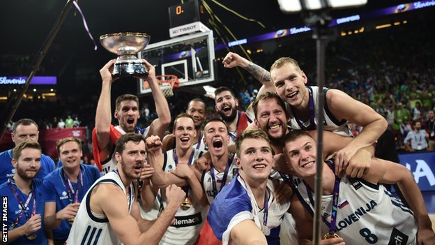 Slovenia's winning team celebrate their EuroBasket title