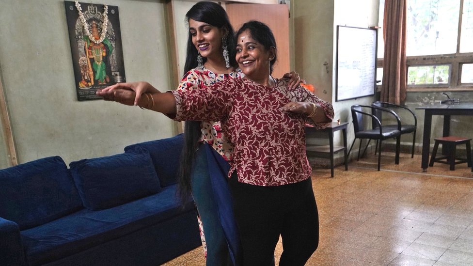 Geetha Sridhar and her daughter Sarada Sridhar dance as they make a video in Mumbai for TikTok