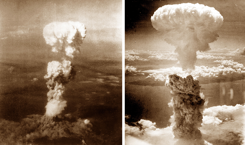 Hirošima i Nagasaki: 75 godina od atomske bombe 9 Two photos showing the mushroom clouds over Hiroshima and Nagasaki