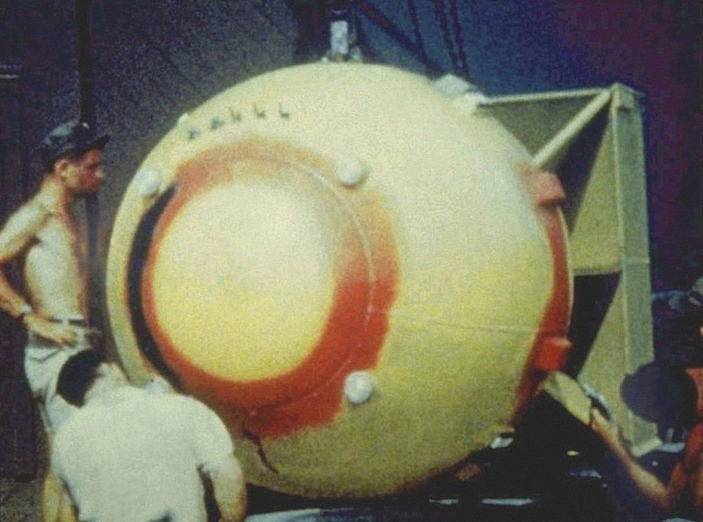 A picture of the plutonium atomic bomb "Fat Man" in early 1945