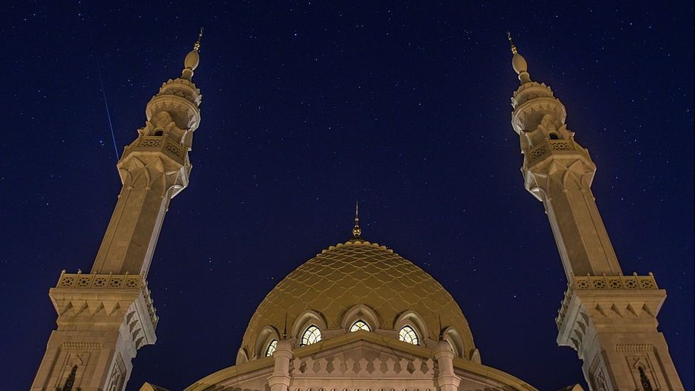 The Perseid Meteor Shower over the White Mosque in the town of Bolgar, Russia