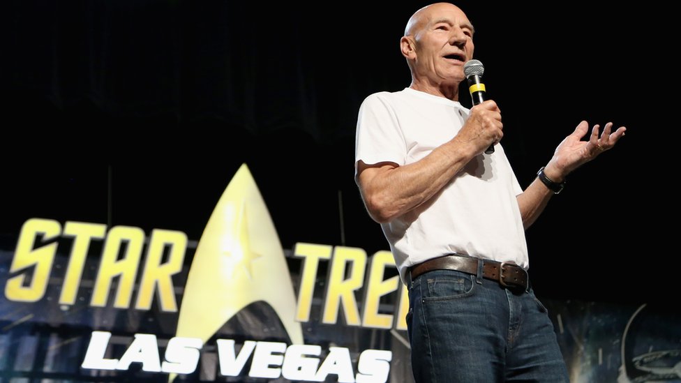 Actor Sir Patrick Stewart speaks during the 17th annual official Star Trek convention
