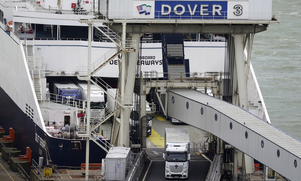 Cars and lorries depart at ferry in Dover