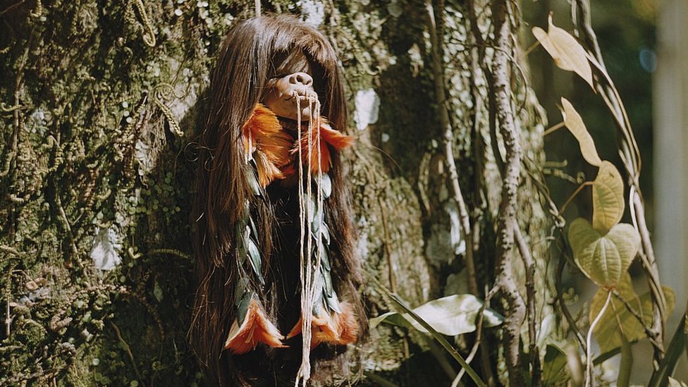 A shrunken head in the Upper Amazon basin of Brazil, circa 1960
