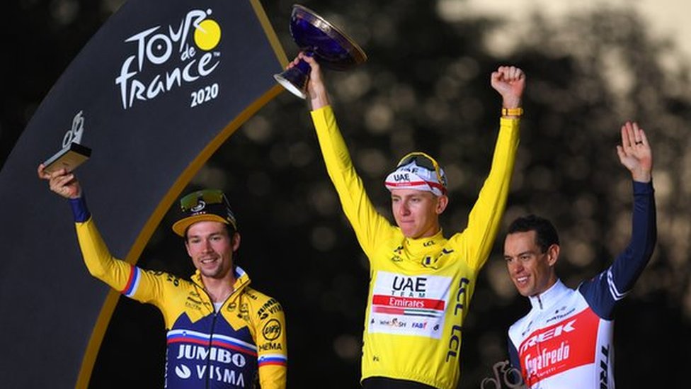 Tadej Pogacar (centre), Primoz Roglic (left) and Richie Porte (right) celebrate on the podium after the end of the 2020 Tour de France