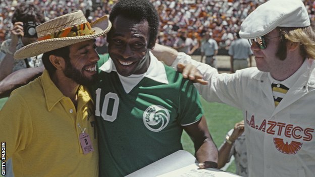 Pele, pictured with Brazilian musician Sergio Mendes and Elton John