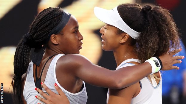 Coco Gauff and Naomi Osaka embrace after their match at the 2020 Australian Open