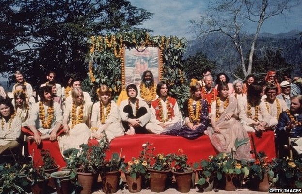 The Beatles and their wives at the Rishikesh in India with the Maharishi Mahesh Yogi, March 1968.