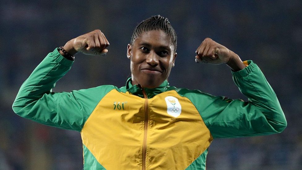Caster Semenya celebrates a win with her trademark "power pose"