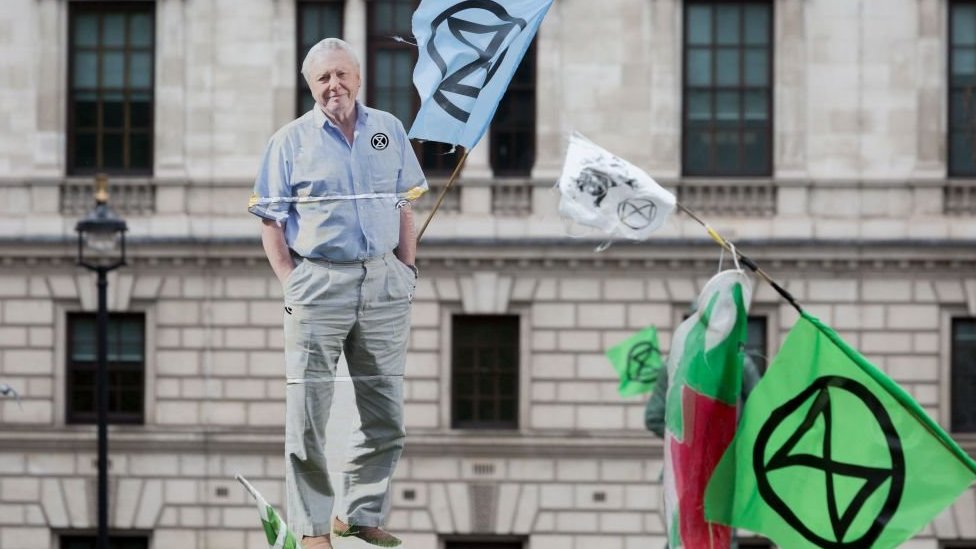 Dejvid Atenboro: Kako je 94-godišnji prirodnjak „pokorio“ Instagram 7 A David Attenborough cut-out carried by Extinction Rebellion activists during a protest in London in 2018