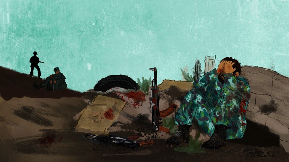 An illustration of a fighter holding his head in his hands.