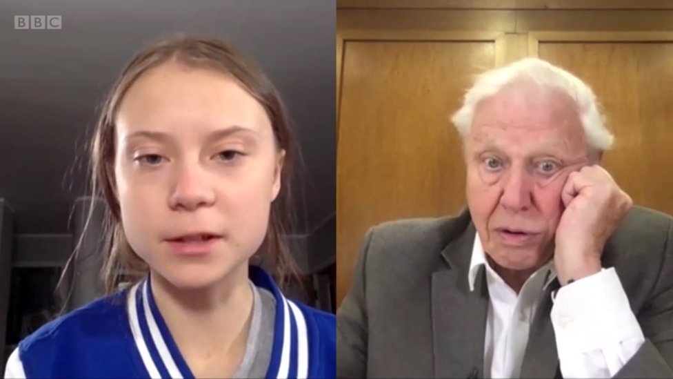 Dejvid Atenboro: Kako je 94-godišnji prirodnjak „pokorio“ Instagram 8 Screen shot of Greta and Sir David's Skype conversation in December 2019