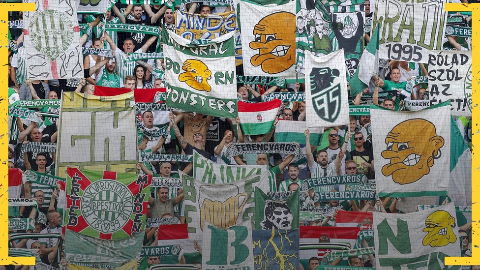 Ferencvaros fans display banners supporting their club