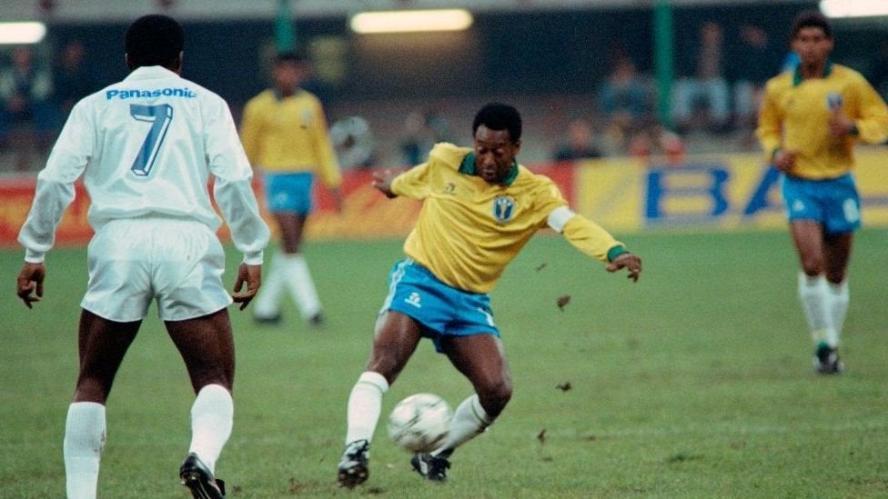Pele playing for Brazil at 50 in 1990