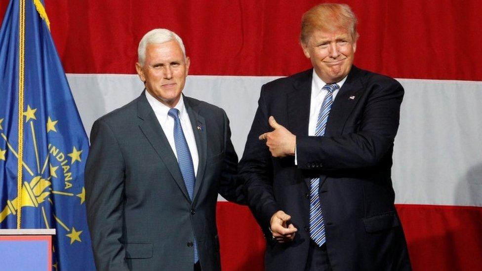 Republican presidential candidate Donald Trump (R) and Indiana Governor Mike Pence (L) during a campaign stop.