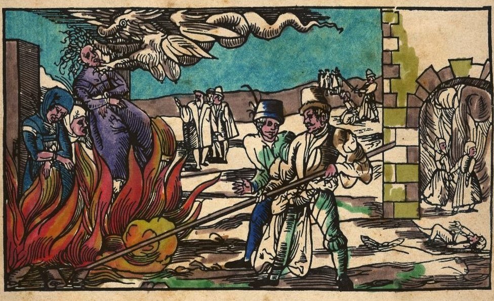 Witches are burned at the stake in this German illustration from the 16th Century