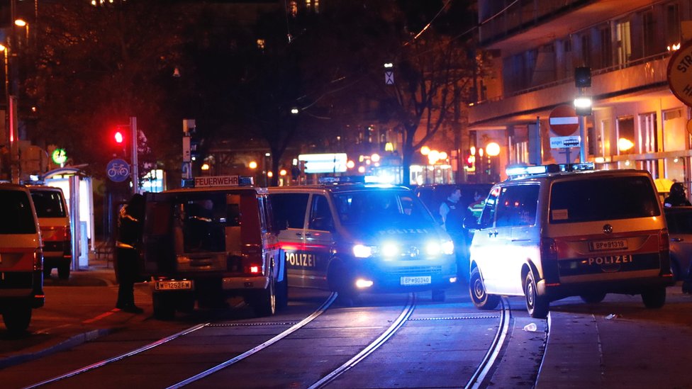 Police block a street near Schwedenplatz square after a shooting in Vienna, Austria 2 November 2020