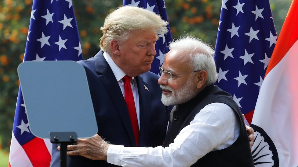 US President Donald Trump and India"s Prime Minister Narendra Modi embrace during a joint news conference after bilateral talks at Hyderabad House in New Delhi, India, February 25, 2020.