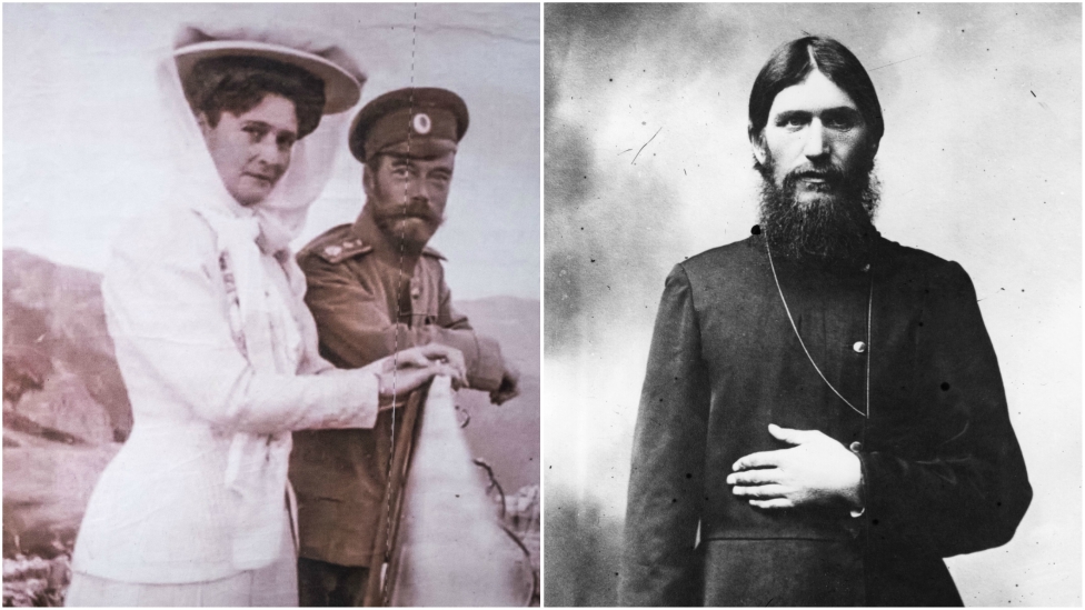 Picture shows the Tsarina and Tsar standing together on the left, and a still of Rasputin on the right.
