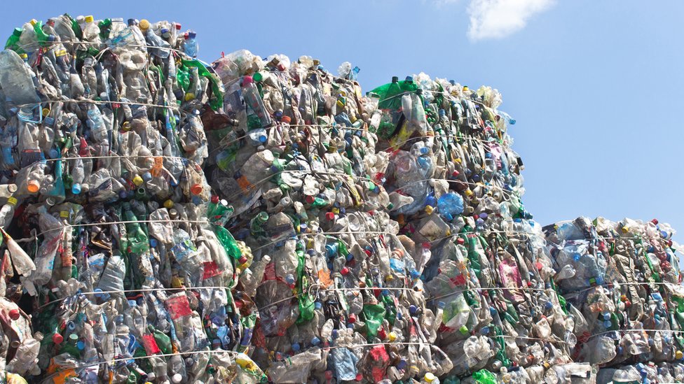 Stacks of plastic bottles for recycling