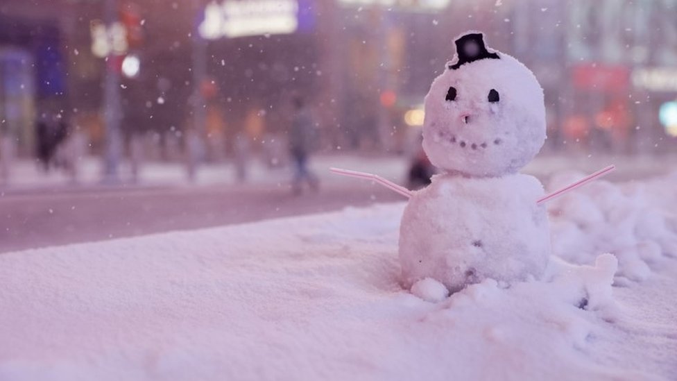 A snowman in Times Square
