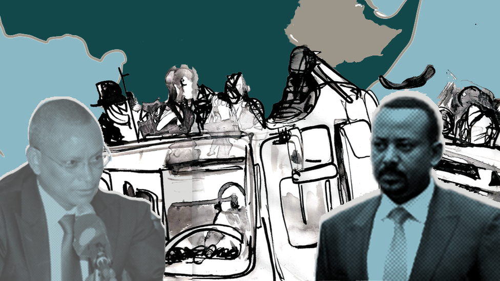 Illustration showing Debretsion Gebremichael and Abiy Ahmed over an illustration of armed fighters in a truck