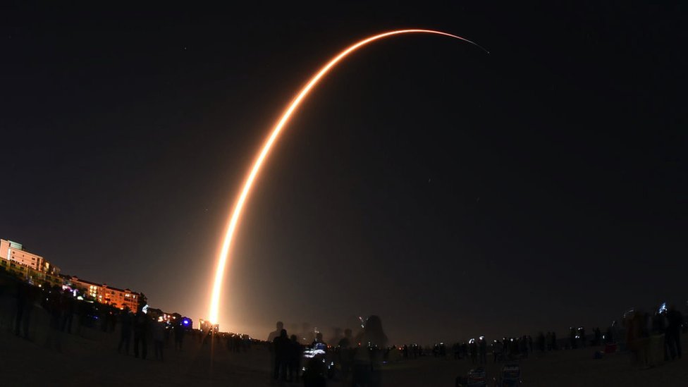Time exposure of the launch of a SpaceX Falcon 9 rocket, seen from Cocoa Beach, Florida, USA on 6 January 2020 - it launched from nearby Cape Canaveral Air Force Station.