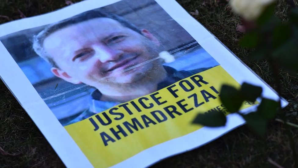 A photo shows a flyer during a protest outside the Iranian embassy in Brussels for Ahmadreza Djalali, 13 February 2017
