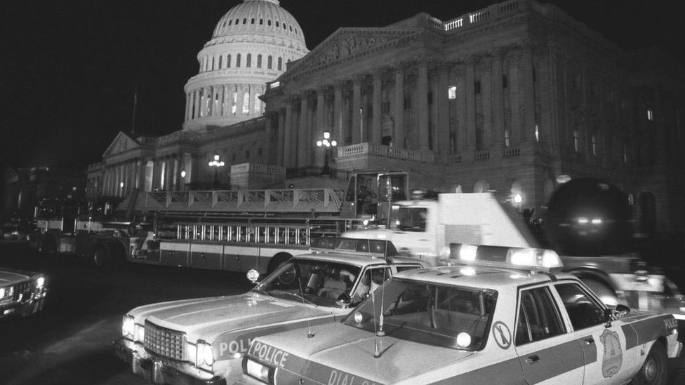 Police cars outside the Capitol after the 1983 attack
